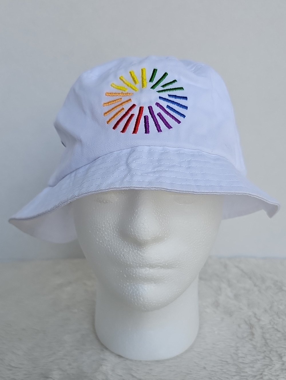 Big Accessories White Bucket Hat Rainbow Embroidered Sunburst Pride Festival